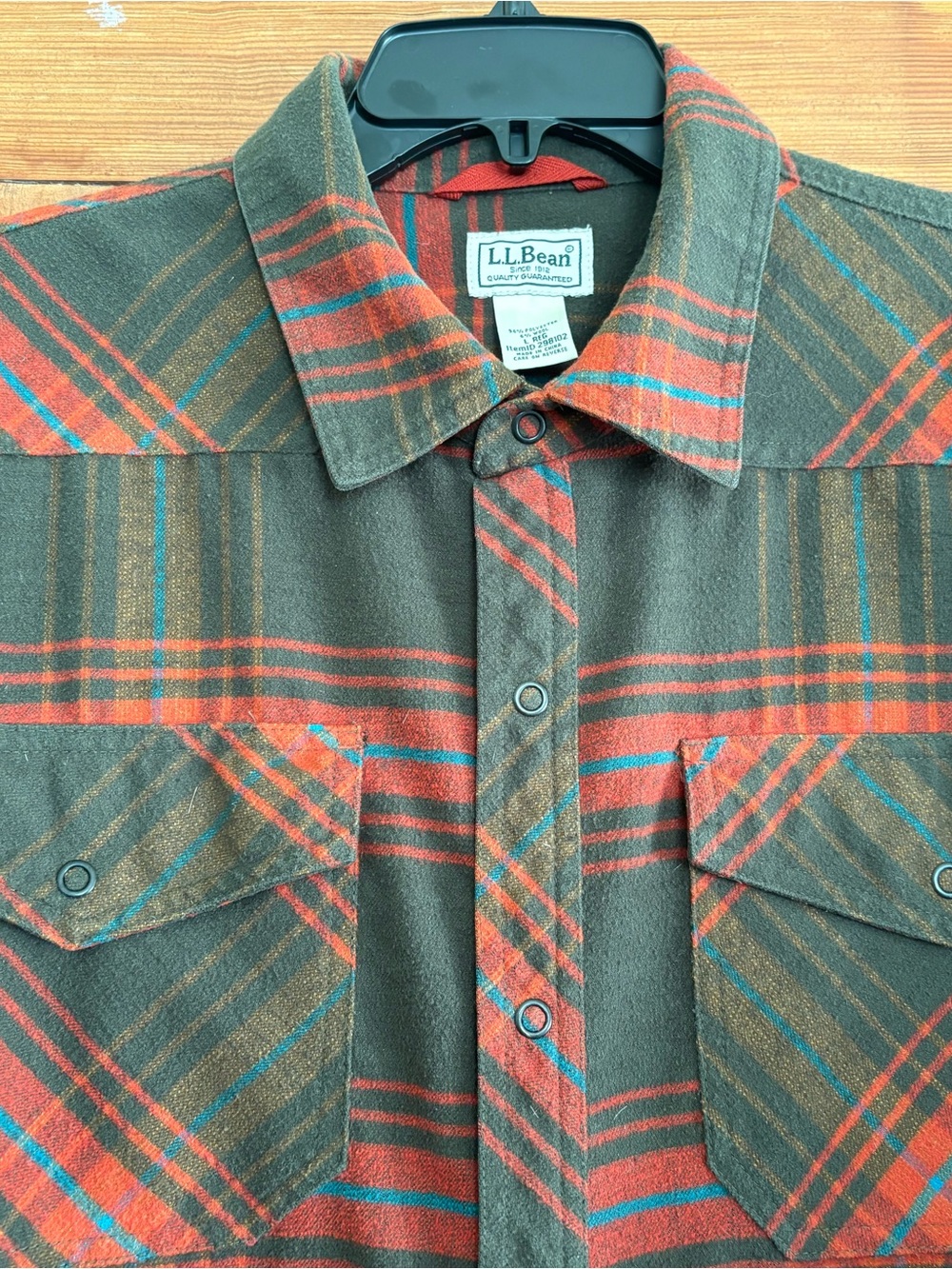 Men's LL Bean Brown Red Plaid Snaps Elbow Patches Wool Blend Shirt Size L - Picture 3 of 9